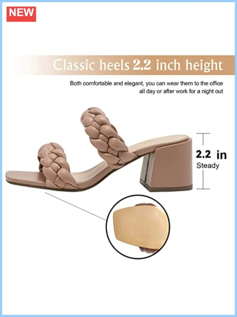 Braided Heels for Women Square Toe Chunky Low Heeled Sandals Slip On PU Lining